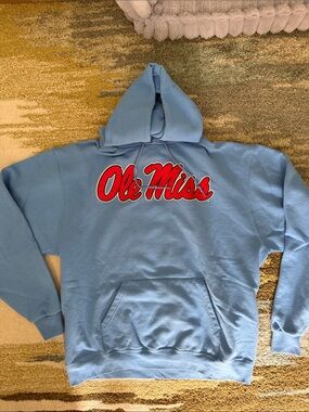 Champion Light Blue Ole Miss Crewneck Hoodie with Red Script